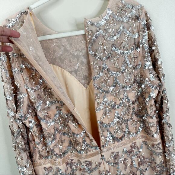 Mac Duggal Pink Embellished Illusion High Neck Long Sleeve A Line Gown Size 18 - Picture 7 of 13